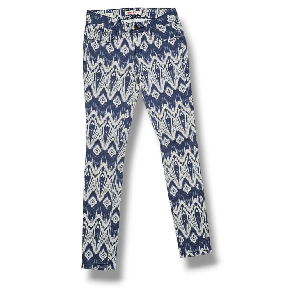 Hot Kiss Skinny Lily Blue White Ikat Tribal Print Stretch Jeans Size 0
​